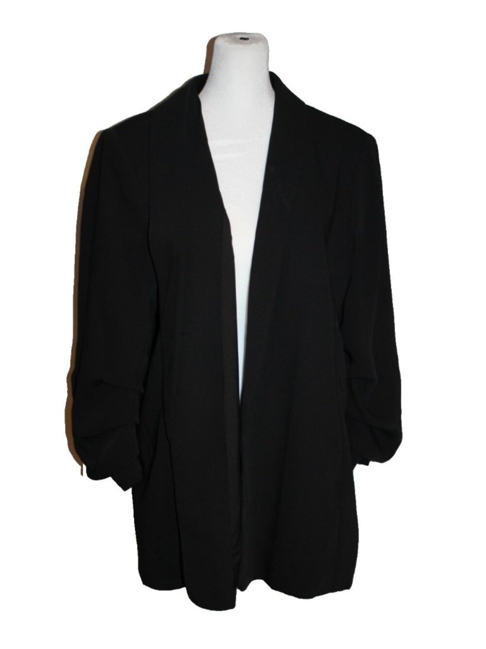 Chico’s Black Ruched Sleeve Open Front Office Tailored Blazer Jacket Size 3 (16)